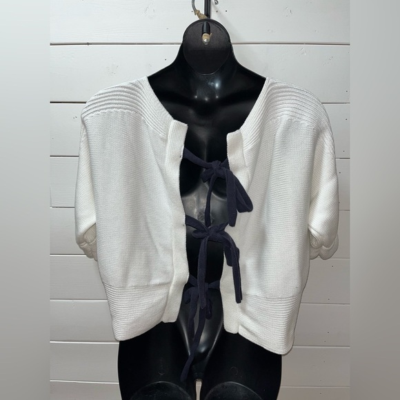 FRENCH CONNECTION – Navy Knit Top with Black Ribbon Ties – Estimated Size XL/XXL - Picture 3 of 11